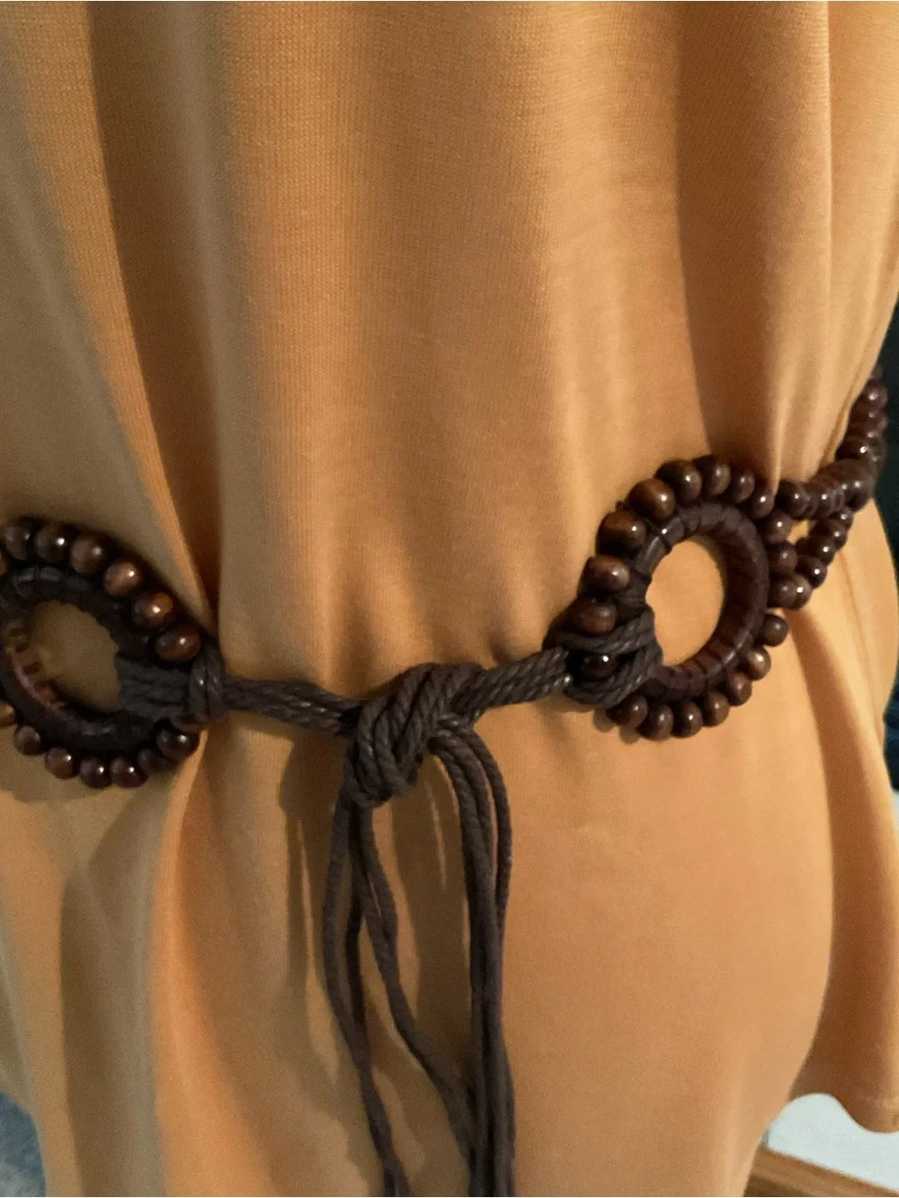 Vintage Boho Macrame Belt Wooden Bead Tassels; Boho Wooden Bead O-Ring Belt, 57”